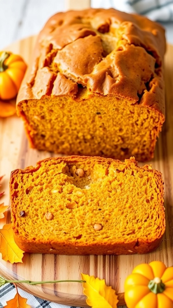 Sourdough Pumpkin Bread Recipe Sliced sourdough pumpkin bread on a wooden board with autumn decorations.